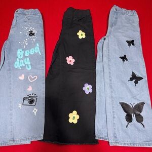 Girls Size9 Denim Wide Leg Jeans Bundle 3Pairs Graphic Prints Butterflies Flower